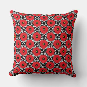 Shabby Chic Red, Black & White Poppies Pattern Throw Pillow