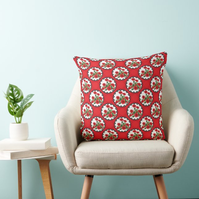 Shabby Chic Red, Black & White Poppies Throw Pillow (Chair)