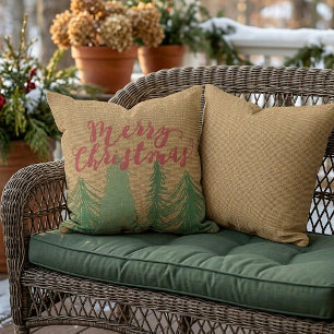 Shabby Chic Red Green Trees Faux Jute Burlap Outdoor Pillow