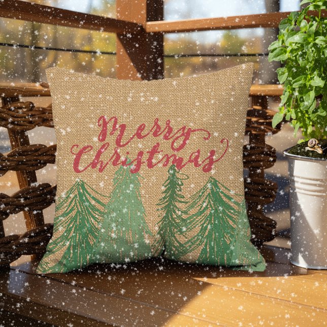 Shabby Chic Red Green Trees Faux Jute Burlap Outdoor Pillow (Creator Uploaded)