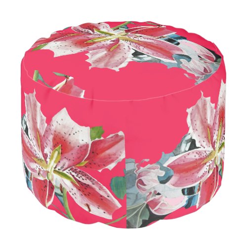 Shabby Chic Red Lily Floral Flowers art Pouffe Pouf