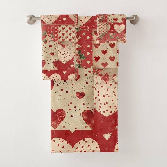 Shabby Chic Red Patchwork Pattern Bath Towel Set (Insitu)