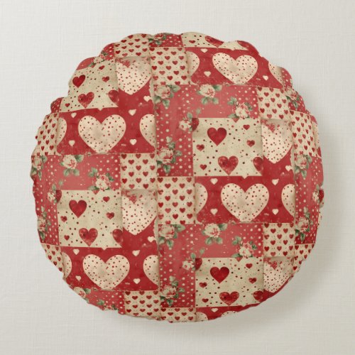 Shabby Chic Red Patchwork Pattern Round Pillow