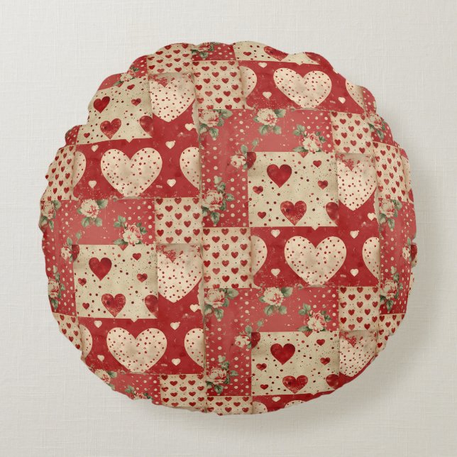 Shabby Chic Red Patchwork Pattern Round Pillow (Front)