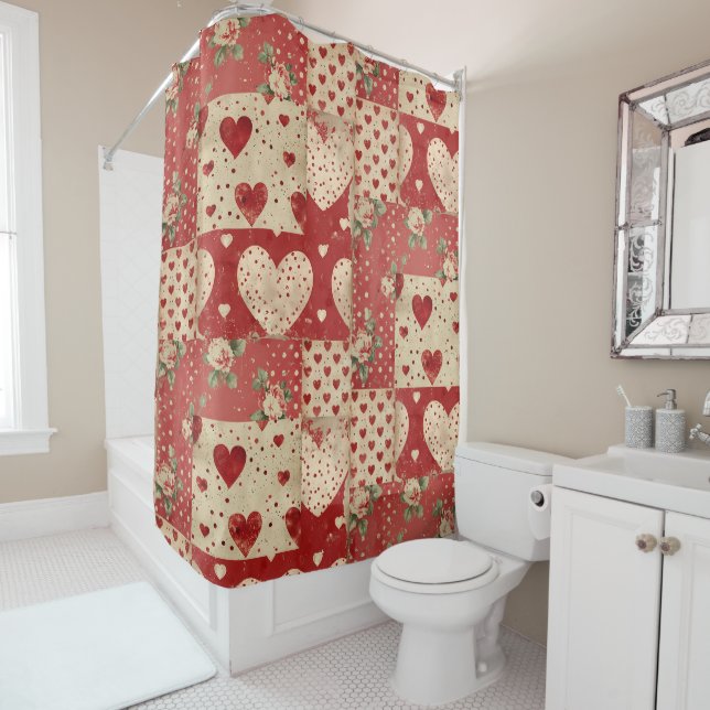 Shabby Chic Red Patchwork Pattern Shower Curtain (In Situ)