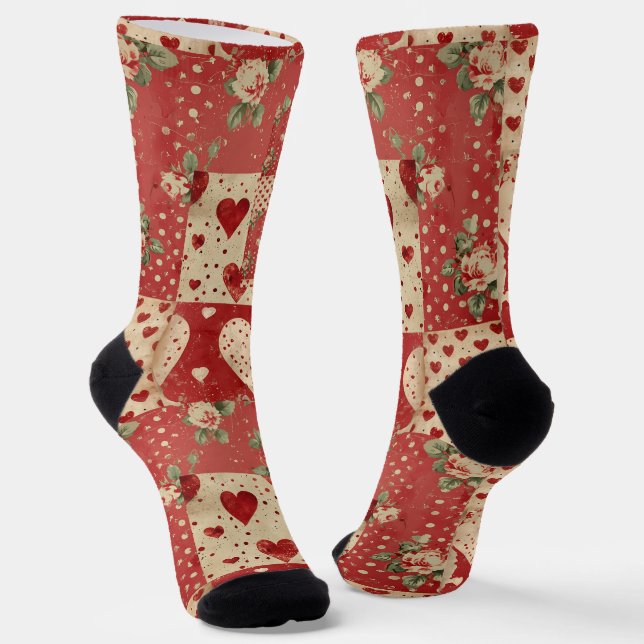 Shabby Chic Red Patchwork Pattern Socks (Angled)