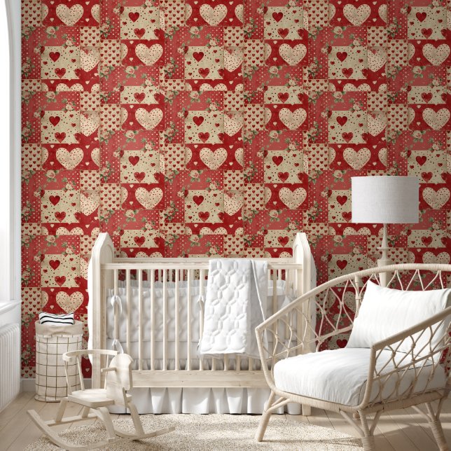 Shabby Chic Red Patchwork Pattern Wallpaper (Kids)