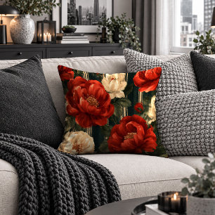 Shabby Chic Red White Floral Decorative Pillow