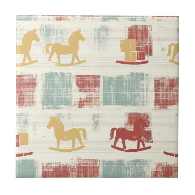 Shabby Chic Rocking Horse Plaid Pattern Ceramic Tile (Front)