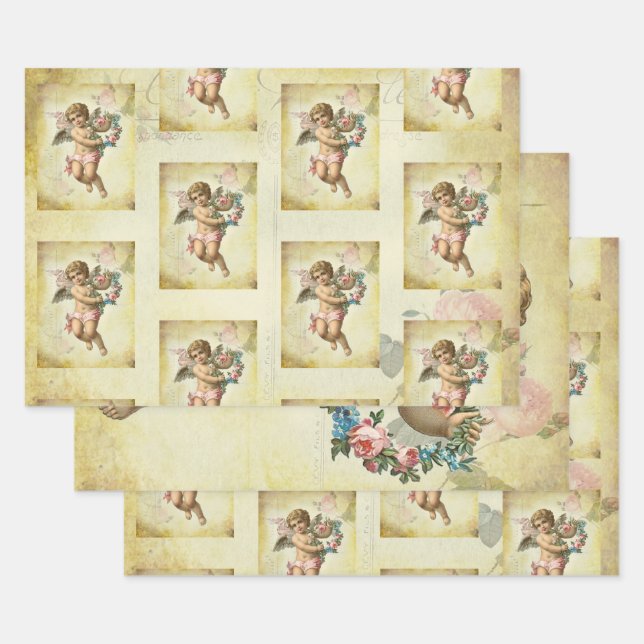 Shabby Chic Romantic French inspired Cherub Wrapping Paper Sheets (Set)