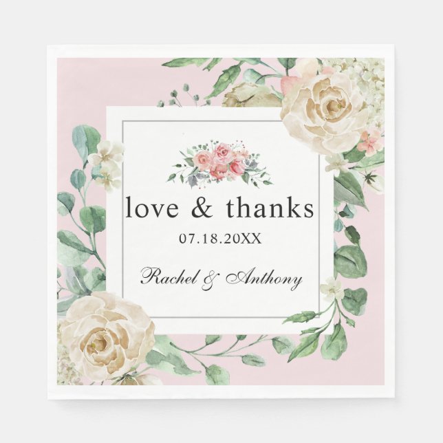 shabby chic romantic rose Love & Thanks flowers Napkins (Front)