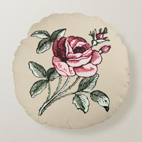 Shabby chic romantic vintage red rose drawing round pillow