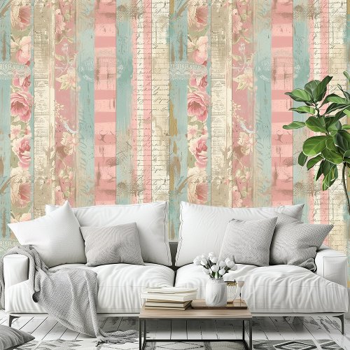 Shabby Chic Romantic Vintage Roses Wood Pattern Wallpaper