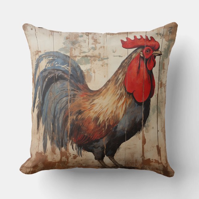 Shabby Chic Rooster Throw Pillow (Front)