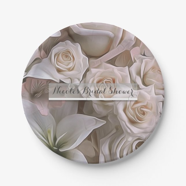 Shabby Chic Rose Floral Elegant Bridal Shower Paper Plates (Front)