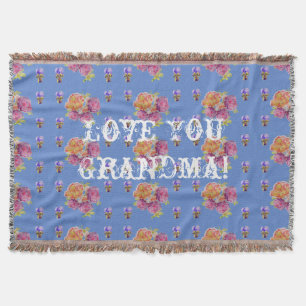 Shabby Chic Rose Floral Love You Grandma Throw Rug Throw Blanket