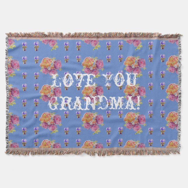 Shabby Chic Rose Floral Love You Grandma Throw Rug Throw Blanket (Front)