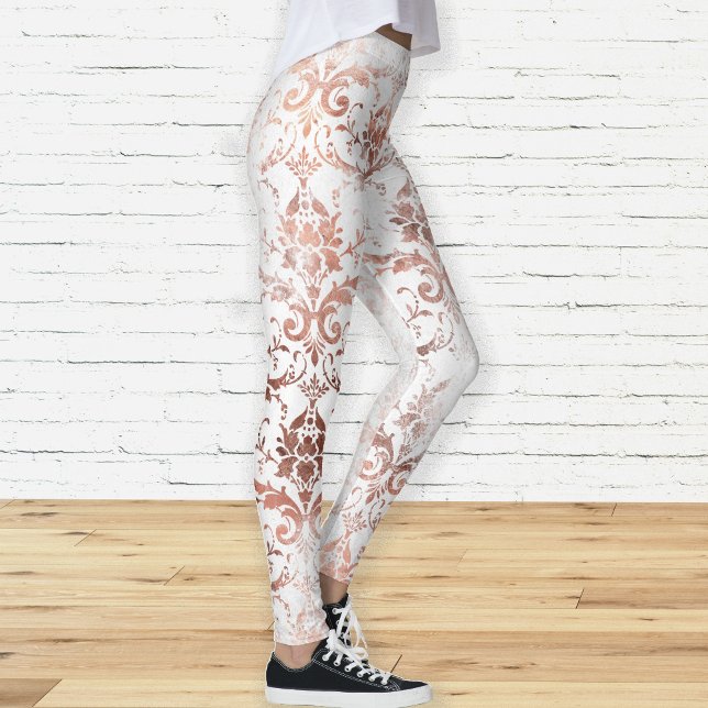 Shabby Chic Rose Gold and White Distressed Damask Leggings (Creator Uploaded)