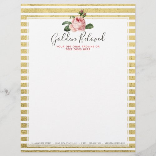 Shabby Chic Rose  Modern Girly Gold Stripes Letterhead