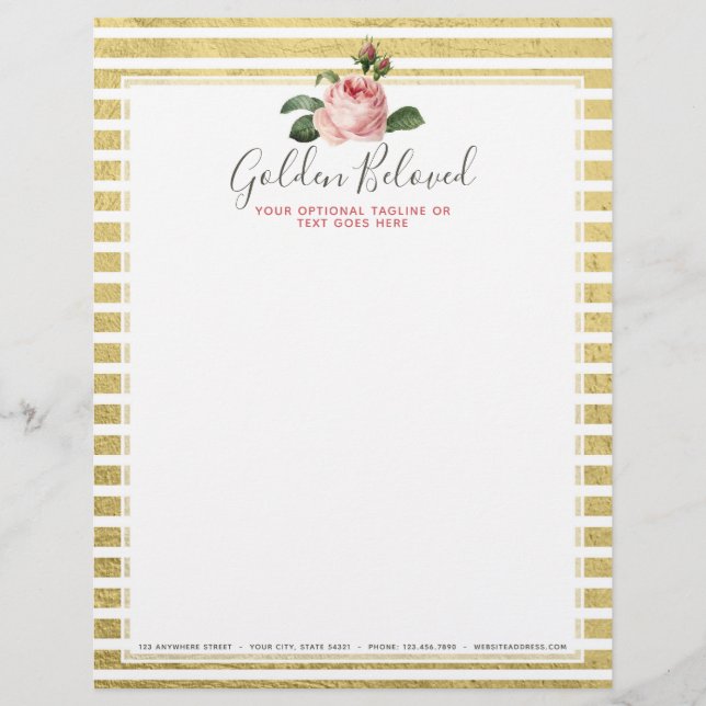 Shabby Chic Rose & Modern Girly Gold Stripes Letterhead (Front)