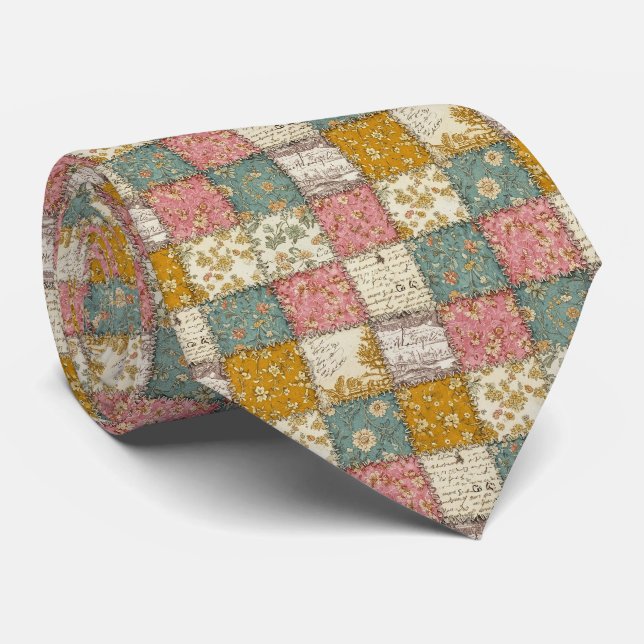 Shabby Chic Rose Quilt Pattern Neck Tie (Rolled)