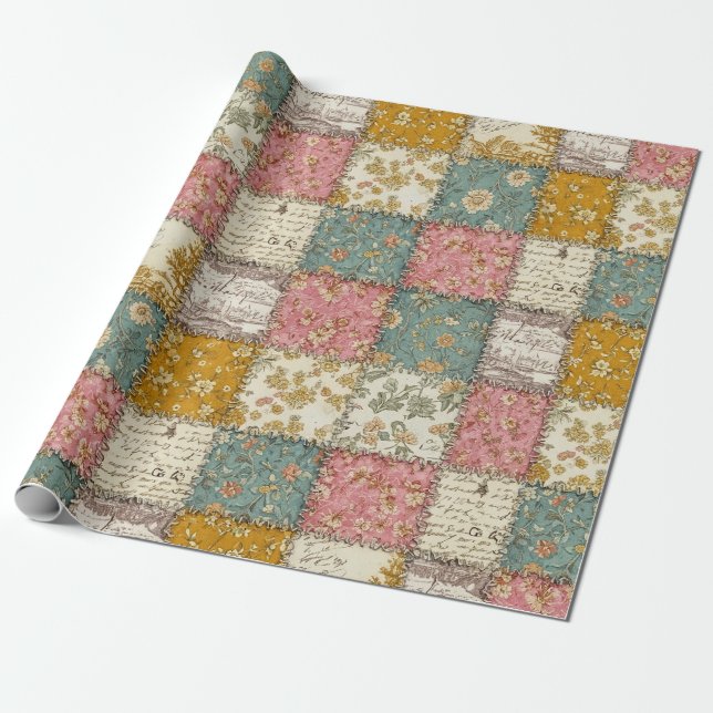 Shabby Chic Rose Quilt Pattern Wrapping Paper (Unrolled)