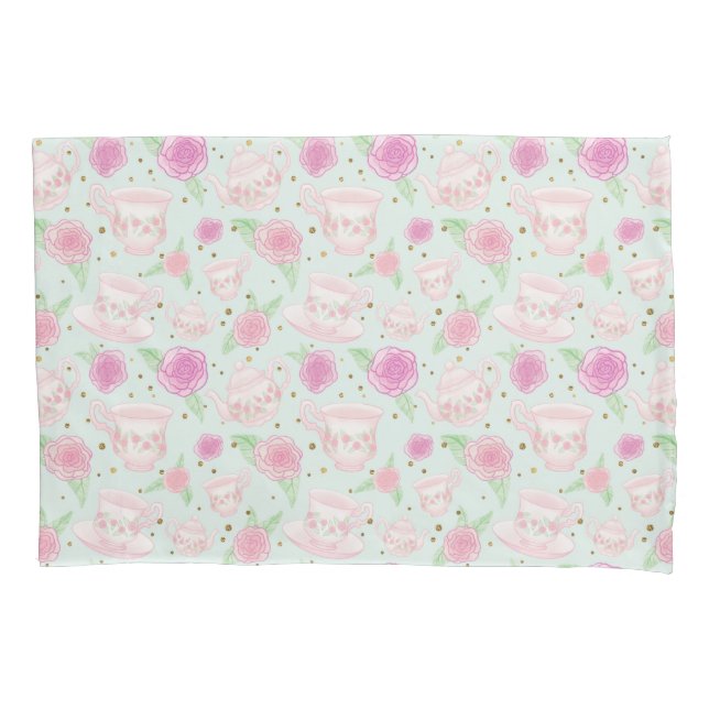 Shabby Chic Rose Tea Cups Pattern Pillow Case (Front)
