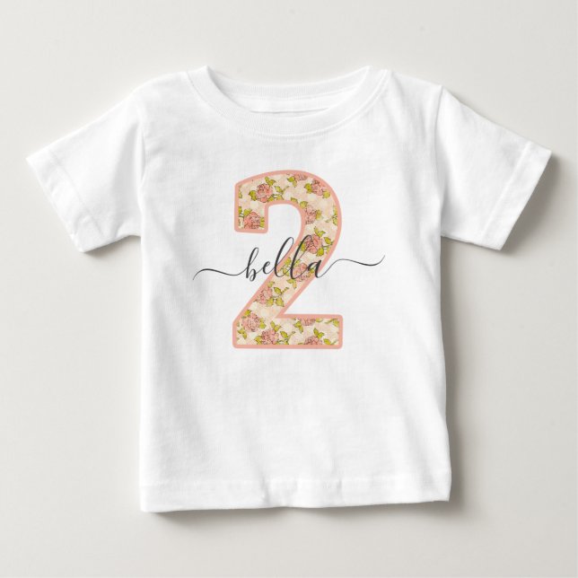 Shabby Chic Roses & Custom Name 2nd Birthday Party Baby T-Shirt (Front)