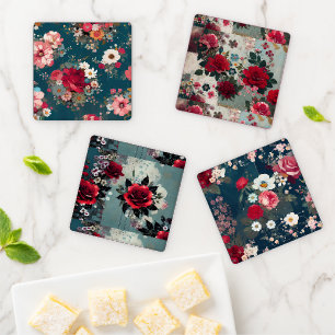 Shabby Chic Roses Floral Teal Boho Fabric Coaster Set