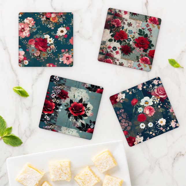 Shabby Chic Roses Floral Teal Boho Fabric Coaster Set (In Situ)