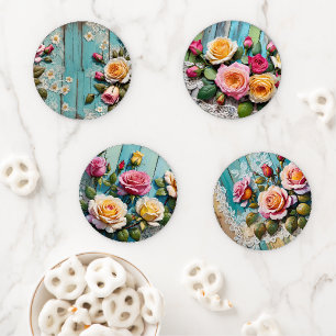 Shabby Chic Roses Lace and Distressed Wood Coaster Set