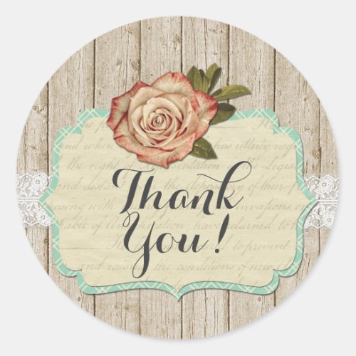 Shabby Chic Roses on Rustic Wood Vintage Thank You Classic Round Sticker
