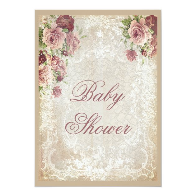 Shabby Chic Roses Pearls And Lace Baby Shower Invitation