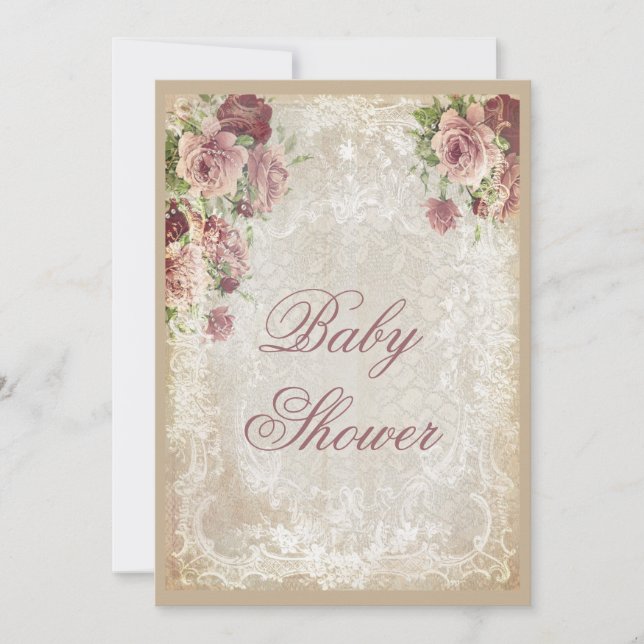 Shabby Chic Roses Pearls and Lace Baby Shower Invitation (Front)