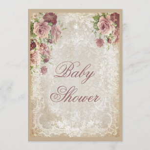 Shabby Chic Roses Pearls and Lace Baby Shower Invitation