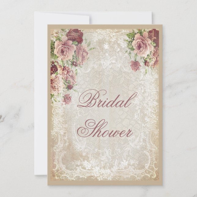 Shabby Chic Roses Pearls and Lace Bridal Shower Invitation (Front)