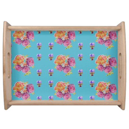 Shabby Chic Roses Rose Floral Teal Flowers Serving Tray