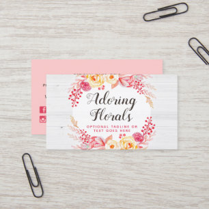Shabby Chic Roses & Rustic Wood Blush Pink Floral Business Card
