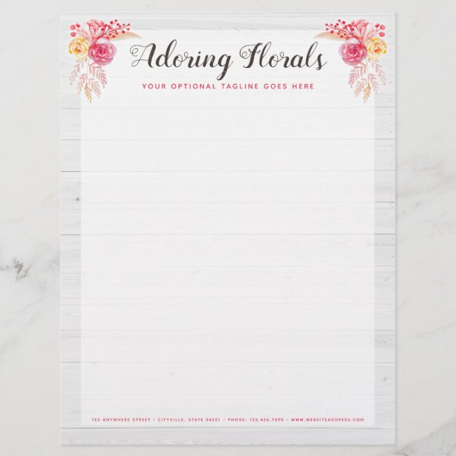 Shabby Chic Roses & Rustic Wood Blush Pink Floral Letterhead (Front)