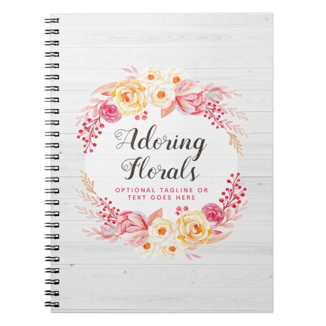 Shabby Chic Roses & Rustic Wood Blush Pink Floral Notebook (Front)