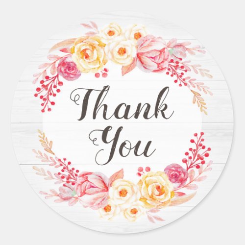 Shabby Chic Roses  Rustic Wood Blush Thank You Classic Round Sticker