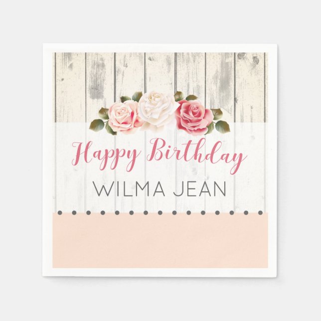 Shabby Chic Roses Rustic Wood Custom Birthday Paper Napkins (Front)