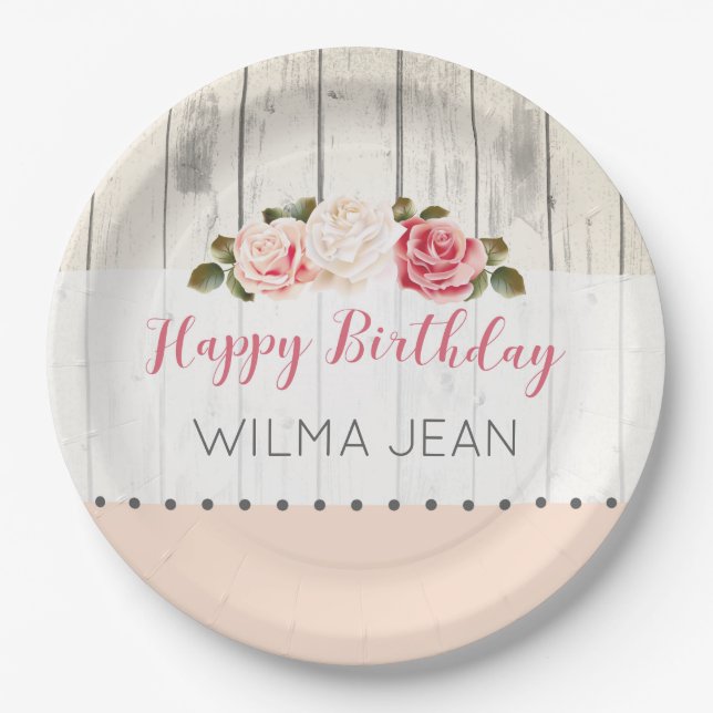 Shabby Chic Roses Rustic Wood Custom Birthday Paper Plates (Front)