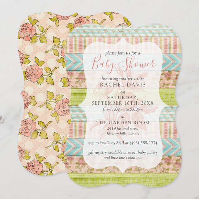 Shabby Chic Roses Rustic Wood Floral Baby Shower Invitation (Front/Back)