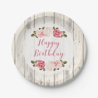 Shabby Chic Roses Rustic Wood Happy Birthday Paper Plate