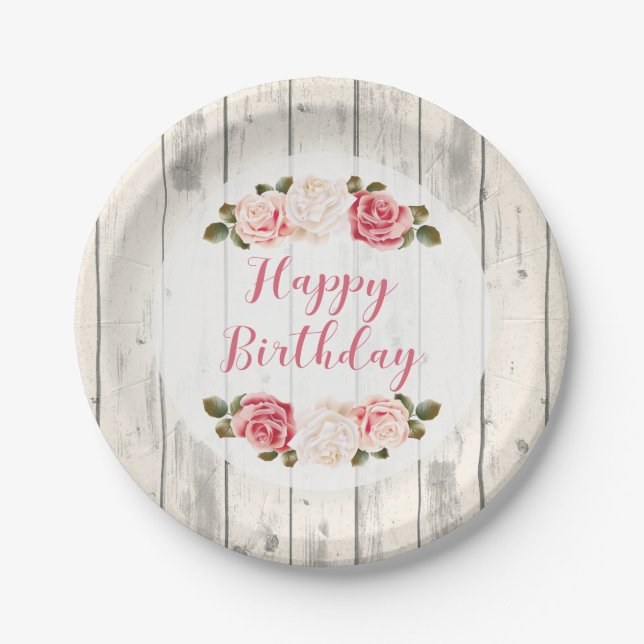 Shabby Chic Roses Rustic Wood Happy Birthday Paper Plates (Front)