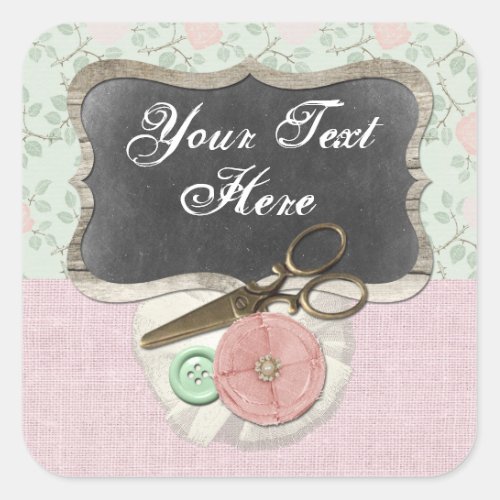 Shabby Chic Rustic Chalkboard Posh Sewing Boutique Square Sticker