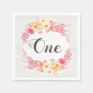 Shabby Chic Rustic Floral One First Birthday Party Napkins