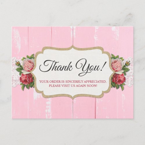 Shabby Chic Rustic Wood Pink Floral Rose Thank You Postcard