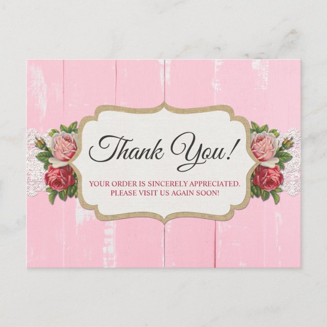 Shabby Chic Rustic Wood Pink Floral Rose Thank You Postcard (Front)